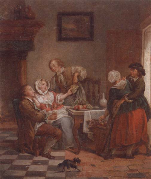 An interior with figures drinking and eating fruit